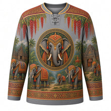 Load image into Gallery viewer, Surin Elephant Round-up Original Hockey Jersey in Elephant Gray, front view with detailed full-body artwork and ornate crest