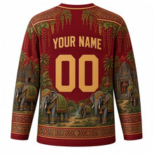 Load image into Gallery viewer, Surin Elephant Round-up Original Hockey Jersey in Ceremonial Red, back view with custom YOUR NAME and 00