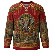 Load image into Gallery viewer, Surin Elephant Round-up Original Hockey Jersey in Ceremonial Red, front view with detailed full-body artwork and ornate crest