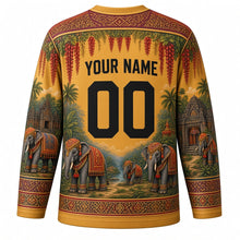 Load image into Gallery viewer, Surin Elephant Round-up Original Hockey Jersey in Gold, back view with custom YOUR NAME and 00