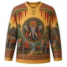 Load image into Gallery viewer, Surin Elephant Round-up Original Hockey Jersey in Gold, front view with detailed full-body artwork and ornate crest