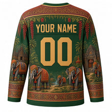 Load image into Gallery viewer, Surin Elephant Round-up Original Hockey Jersey in Jungle Green, back view with custom YOUR NAME and 00