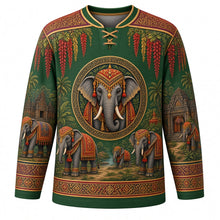 Load image into Gallery viewer, Surin Elephant Round-up Original Hockey Jersey in Jungle Green, front view with detailed full-body artwork and ornate crest