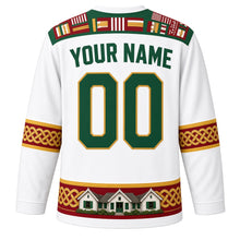 Load image into Gallery viewer, Suriname Original Hockey Jersey in Paramaribo White, back view with your name and number – pangi-cloth yoke and tembe interlace sleeve bands