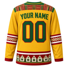 Load image into Gallery viewer, Suriname Original Hockey Jersey in Kiskadee Yellow, back view with your name and number – pangi-cloth yoke and tembe interlace sleeve bands