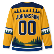 Load image into Gallery viewer, Sweden Patriotic Moose Forest Twilight Original Hockey Jersey in Amber Gold, back view with your name and number