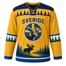 Load image into Gallery viewer, Sweden Patriotic Moose Forest Twilight Original Hockey Jersey in Amber Gold, front view – custom name and number
