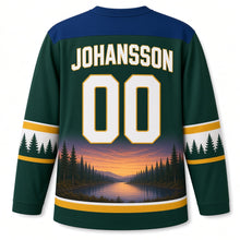 Load image into Gallery viewer, Sweden Patriotic Moose Forest Twilight Original Hockey Jersey in Spruce Green, back view with your name and number