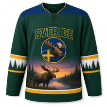 Load image into Gallery viewer, Sweden Patriotic Moose Forest Twilight Original Hockey Jersey in Spruce Green, front view – custom name and number