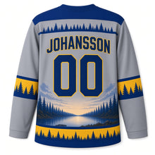 Load image into Gallery viewer, Sweden Patriotic Moose Forest Twilight Original Hockey Jersey in Granite Grey, back view with your name and number