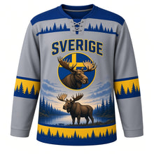 Load image into Gallery viewer, Sweden Patriotic Moose Forest Twilight Original Hockey Jersey in Granite Grey, front view – custom name and number