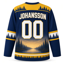 Load image into Gallery viewer, Sweden Patriotic Moose Forest Twilight Original Hockey Jersey in Twilight Blue, back view with your name and number