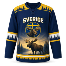 Load image into Gallery viewer, Sweden Patriotic Moose Forest Twilight Original Hockey Jersey in Twilight Blue, front view – custom name and number