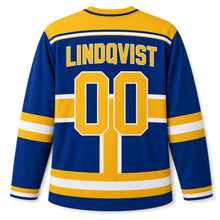 Load image into Gallery viewer, Sweden Patriotic Nordic Cross Heritage Stripes Original Hockey Jersey in Royal Blue, back view with your name and number