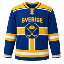Load image into Gallery viewer, Sweden Patriotic Nordic Cross Heritage Stripes Original Hockey Jersey in Royal Blue, front view – custom name and number