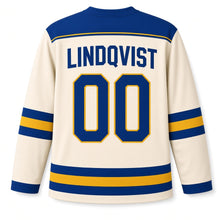 Load image into Gallery viewer, Sweden Patriotic Nordic Cross Heritage Stripes Original Hockey Jersey in Vintage Cream, back view with your name and number