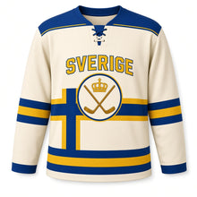 Load image into Gallery viewer, Sweden Patriotic Nordic Cross Heritage Stripes Original Hockey Jersey in Vintage Cream, front view – custom name and number