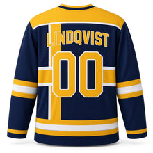 Load image into Gallery viewer, Sweden Patriotic Nordic Cross Heritage Stripes Original Hockey Jersey in Heritage Navy, back view with your name and number