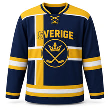 Load image into Gallery viewer, Sweden Patriotic Nordic Cross Heritage Stripes Original Hockey Jersey in Heritage Navy, front view – custom name and number