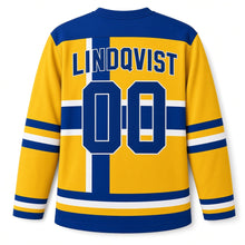 Load image into Gallery viewer, Sweden Patriotic Nordic Cross Heritage Stripes Original Hockey Jersey in Sunflower Yellow, back view with your name and number