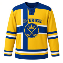Load image into Gallery viewer, Sweden Patriotic Nordic Cross Heritage Stripes Original Hockey Jersey in Sunflower Yellow, front view – custom name and number