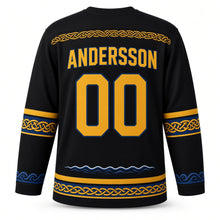 Load image into Gallery viewer, Sweden Patriotic Viking Longship Voyage Original Hockey Jersey in Raven Black, back view with your name and number