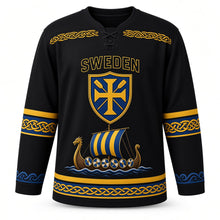 Load image into Gallery viewer, Sweden Patriotic Viking Longship Voyage Original Hockey Jersey in Raven Black, front view – custom name and number