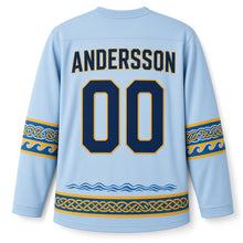 Load image into Gallery viewer, Sweden Patriotic Viking Longship Voyage Original Hockey Jersey in Fjord Frost, back view with your name and number