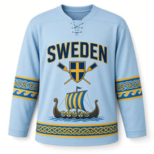 Load image into Gallery viewer, Sweden Patriotic Viking Longship Voyage Original Hockey Jersey in Fjord Frost, front view – custom name and number