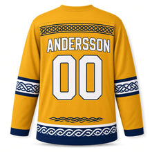 Load image into Gallery viewer, Sweden Patriotic Viking Longship Voyage Original Hockey Jersey in Saga Gold, back view with your name and number