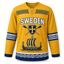 Load image into Gallery viewer, Sweden Patriotic Viking Longship Voyage Original Hockey Jersey in Saga Gold, front view – custom name and number