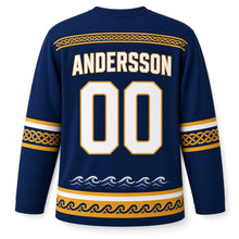 Load image into Gallery viewer, Sweden Patriotic Viking Longship Voyage Original Hockey Jersey in Storm Blue, back view with your name and number
