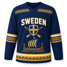 Load image into Gallery viewer, Sweden Patriotic Viking Longship Voyage Original Hockey Jersey in Storm Blue, front view – custom name and number