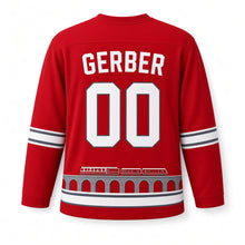 Load image into Gallery viewer, Switzerland Alpine Train Original Hockey Jersey in Train Red, back view with your name and number