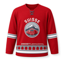 Load image into Gallery viewer, Switzerland Alpine Train Original Hockey Jersey in Train Red, front view – custom name and number