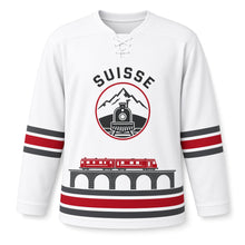 Load image into Gallery viewer, Switzerland Alpine Train Original Hockey Jersey in Snow White, front view – custom name and number