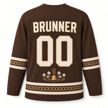 Load image into Gallery viewer, Switzerland Cowbell Meadow Original Hockey Jersey in Strap Brown, back view with your name and number