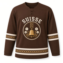 Load image into Gallery viewer, Switzerland Cowbell Meadow Original Hockey Jersey in Strap Brown, front view – custom name and number