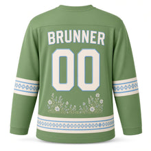 Load image into Gallery viewer, Switzerland Cowbell Meadow Original Hockey Jersey in Alpine Sky Green, back view with your name and number