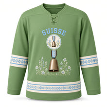 Load image into Gallery viewer, Switzerland Cowbell Meadow Original Hockey Jersey in Alpine Sky Green, front view – custom name and number