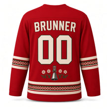 Load image into Gallery viewer, Switzerland Cowbell Meadow Original Hockey Jersey in Strap Red, back view with your name and number