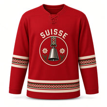 Load image into Gallery viewer, Switzerland Cowbell Meadow Original Hockey Jersey in Strap Red, front view – custom name and number