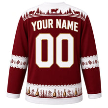 Load image into Gallery viewer, Switzerland Original Hockey Jersey in Alpenglow Crimson, back view with your name and number – papercut-lace yoke and Appenzell embroidery sleeve bands