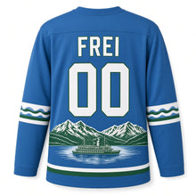 Load image into Gallery viewer, Switzerland Lakeside Steamer Original Hockey Jersey in Lake Blue, back view with your name and number