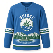 Load image into Gallery viewer, Switzerland Lakeside Steamer Original Hockey Jersey in Lake Blue, front view – custom name and number