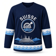 Load image into Gallery viewer, Switzerland Lakeside Steamer Original Hockey Jersey in Deep Lake Navy, front view – custom name and number