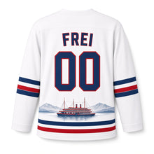 Load image into Gallery viewer, Switzerland Lakeside Steamer Original Hockey Jersey in Steamer White, back view with your name and number