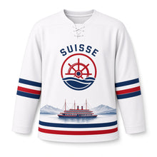 Load image into Gallery viewer, Switzerland Lakeside Steamer Original Hockey Jersey in Steamer White, front view – custom name and number