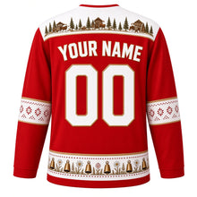 Load image into Gallery viewer, Switzerland Original Hockey Jersey in Matterhorn Red, back view with your name and number – papercut-lace yoke and Appenzell embroidery sleeve bands