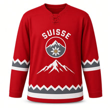 Load image into Gallery viewer, Switzerland Summit Peak Original Hockey Jersey in Alpine Red, front view – custom name and number